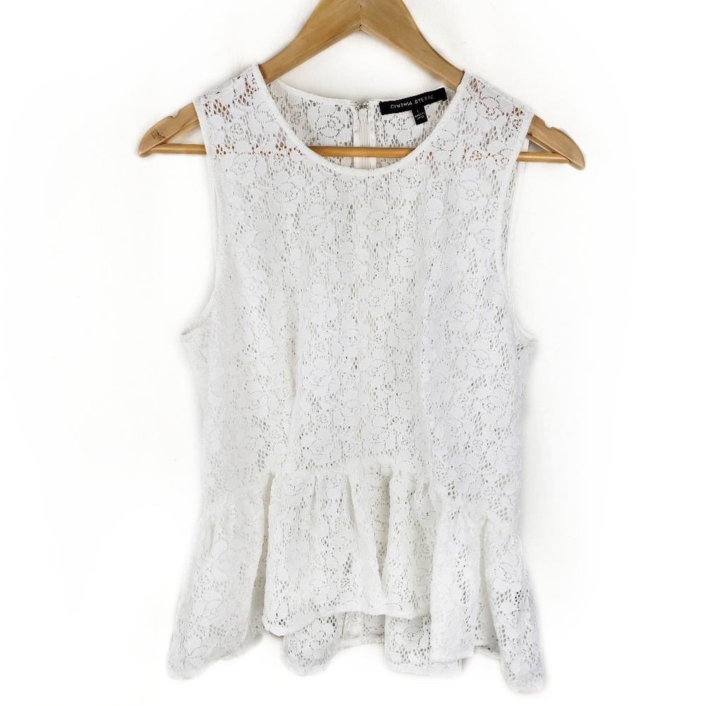 Cynthia Steffe white lace peplum top size L - Picture 1 of 5